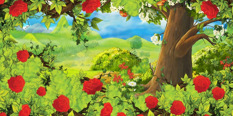 Cartoon summer scene with path in the forest or garden and bush of roses - nobody on scene - illustration for children kids