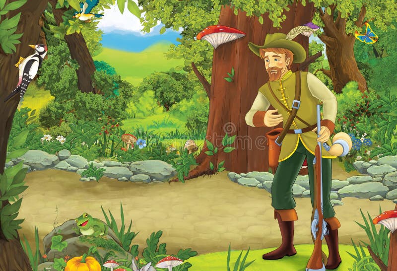 Cartoon summer scene with path in the forest and young prince or hunter - illustration stock illustration Cartoon summer scene with path in the forest and young prince or hunter - illustration stock illustration