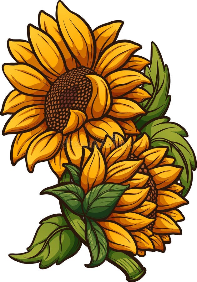 Cartoon Sunflower Plant with Two Flowers Stock Vector - Illustration of  flowers, isolated: 148064489