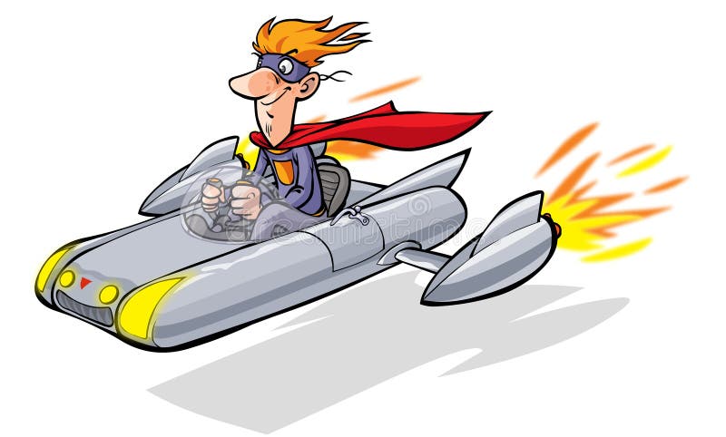 Cartoon Superhero Drives His Flying Car. Stock Vector - Illustration of  comics, costume: 79073203