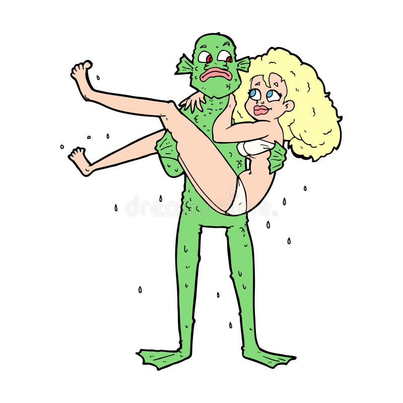 cartoon swamp monster carrying woman in bikini