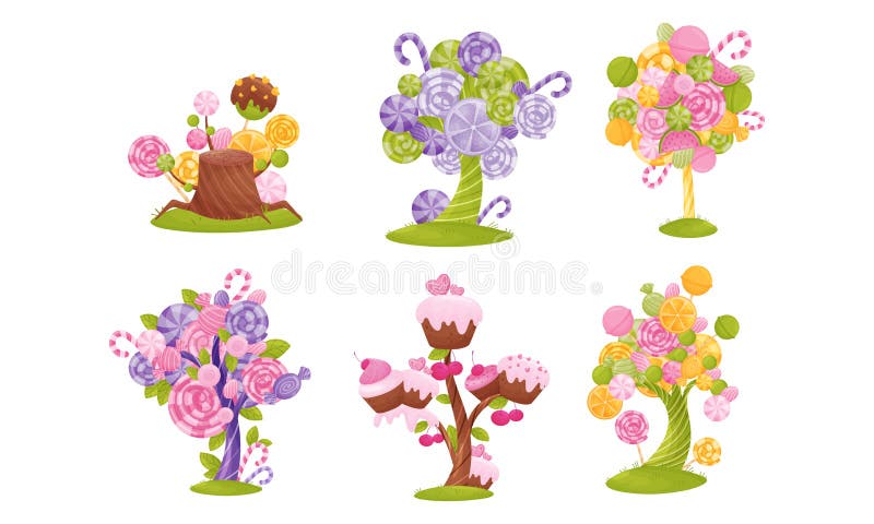 Cartoon Sweet Candy Trees Isolated on White Background Vector Set