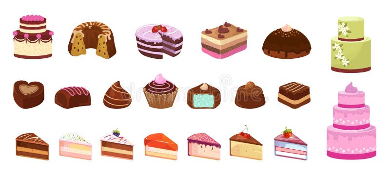 Cartoon sweets. Cake candy chocolate biscuit. Isolated pieces of birthday cakes. Dessert isometric icons, colorful