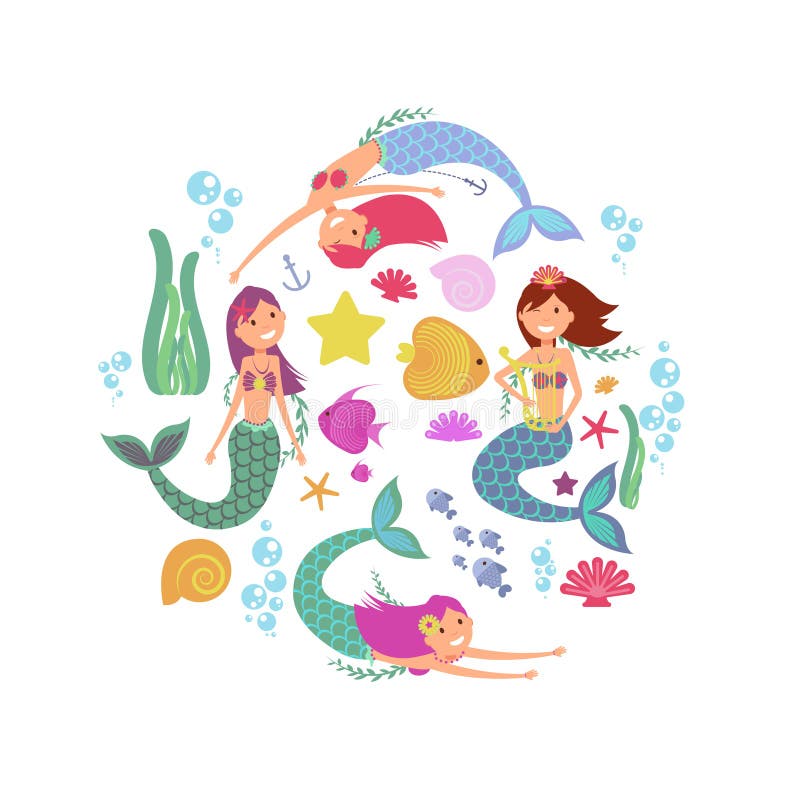 Cartoon swimming mermaids and sea underwater animals vector collection royalty free illustration Cartoon swimming mermaids and sea underwater animals vector collection royalty free illustration