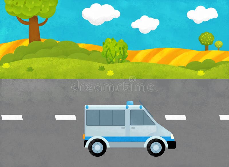 Cartoon-Szene mit Polizeiwagen im Land auf der Straßenbilderseite lizenzfreie abbildung Cartoon-Szene mit Polizeiwagen im Land auf der Straßenbilderseite lizenzfreie abbildung