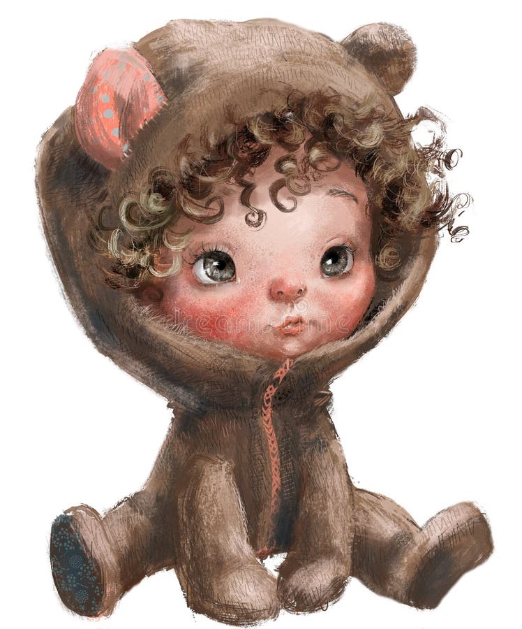 Cartoon teddy bear - baby girl with curled hairs