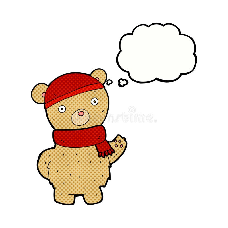 cartoon teddy bear in winter hat and scarf with thought bubble