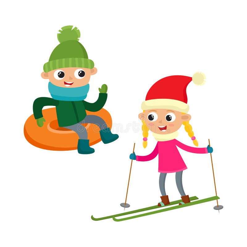 Cartoon teenages in winter clothes, cartoon vector illustration isolated on white background. Girl with ski, boy on snow tubing, fun winter activity, outdoor leisure time