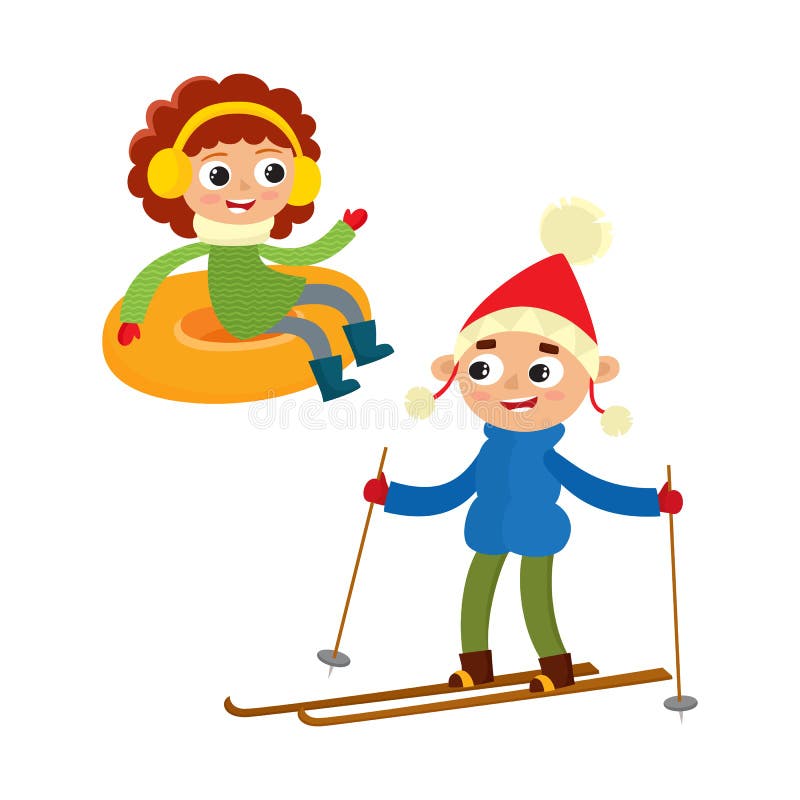 Cartoon teenages in winter clothes, cartoon vector illustration isolated on white background. Boy with ski, girl on snow tubing, fun winter activity, outdoor leisure time