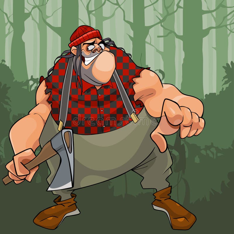 Cartoon terrible fat lumberjack with an ax in woods royalty free illustrati...