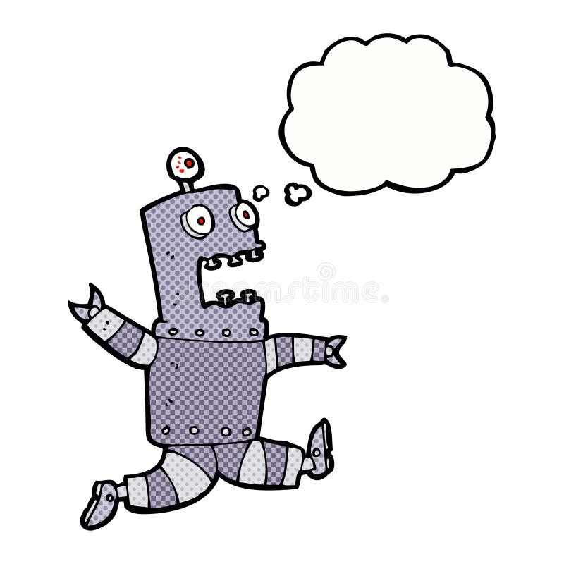 cartoon terrified robot with thought bubble