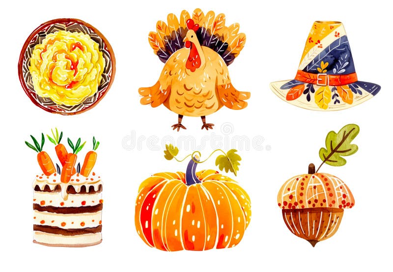 Cartoon thanksgiving day elements. Happy family autumn holiday, traditional food, harvest festival, pumpkins, turkey and vector illustration