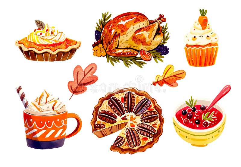 Cartoon thanksgiving day elements. Happy family autumn holiday, traditional food, harvest festival, pumpkins, turkey and vector illustration