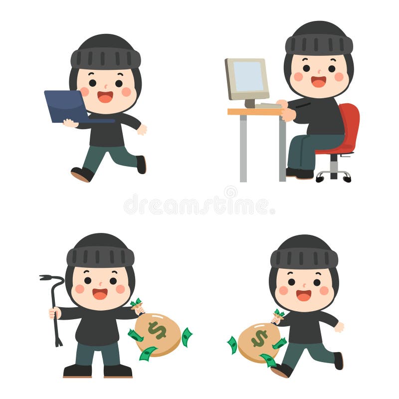 Cartoon Thief Stealing Money and Computer royalty free illustration