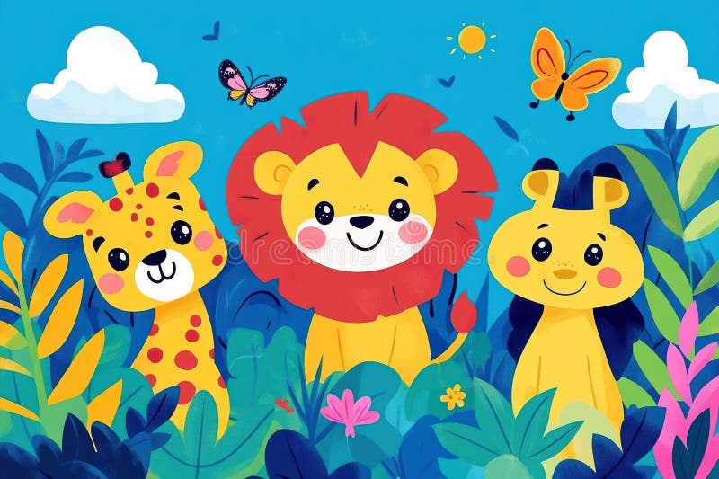 A cartoon of three animals, a giraffe, a lion, and a bear stock photos