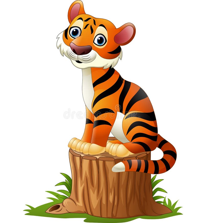 Cartoon tiger sitting on tree stump royalty free illustration Cartoon tiger sitting on tree stump royalty free illustration