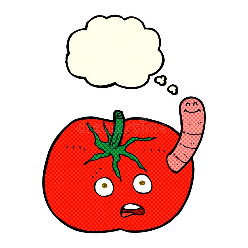 Cartoon Tomato with Worm with Thought Bubble Stock Illustration