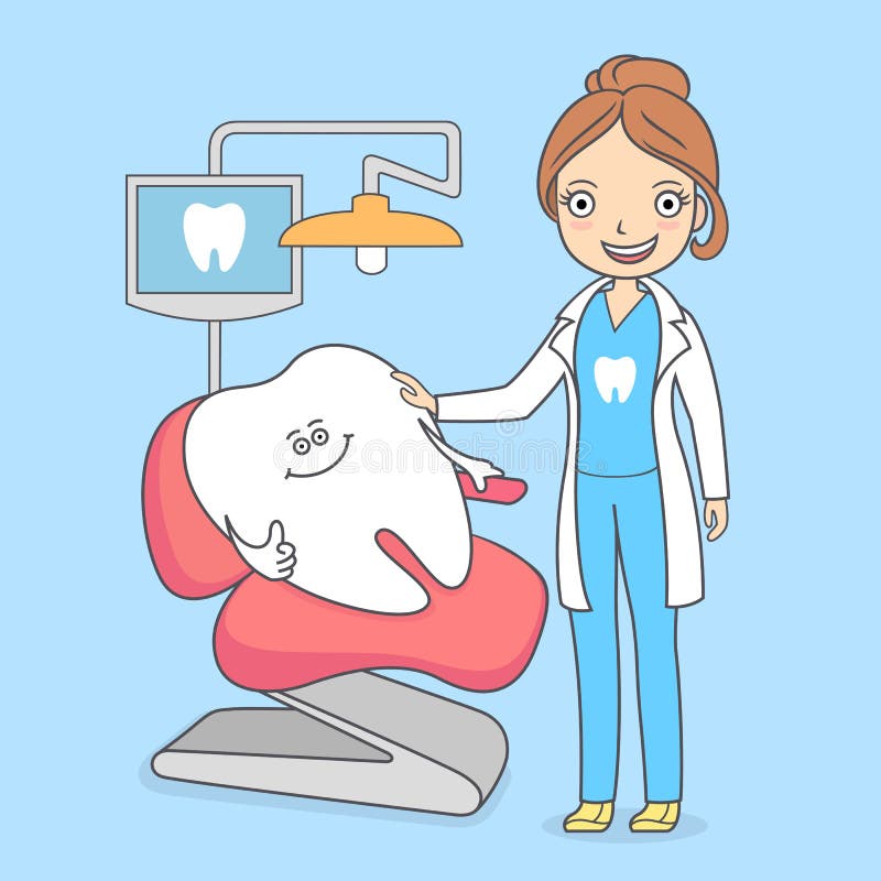 Cartoon tooth visiting a dental office. Tooth sitting in a dental chair and a cute dentist woman standing near. Illustration about treating teeth for kids. Cartoon tooth visiting a dental office. Tooth sitting in a dental chair and a cute dentist woman standing near. Illustration about treating teeth for kids