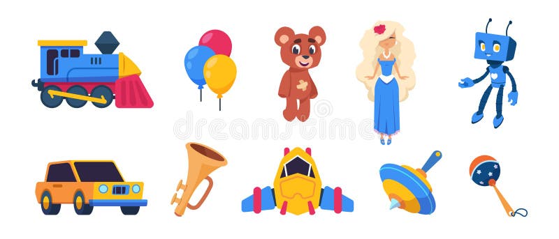 Cartoon toys. Cute baby dolls, colored balloons, spaceship car train transport toys isolated on white background. Vector stock illustration