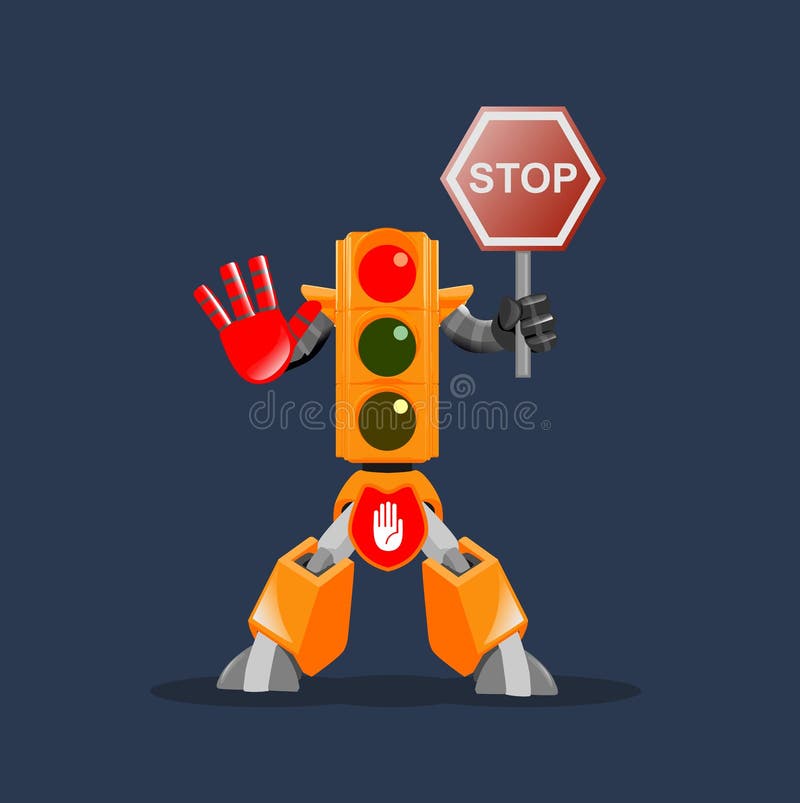 Cartoon traffic light robot holding a sign and shows the right way road safety