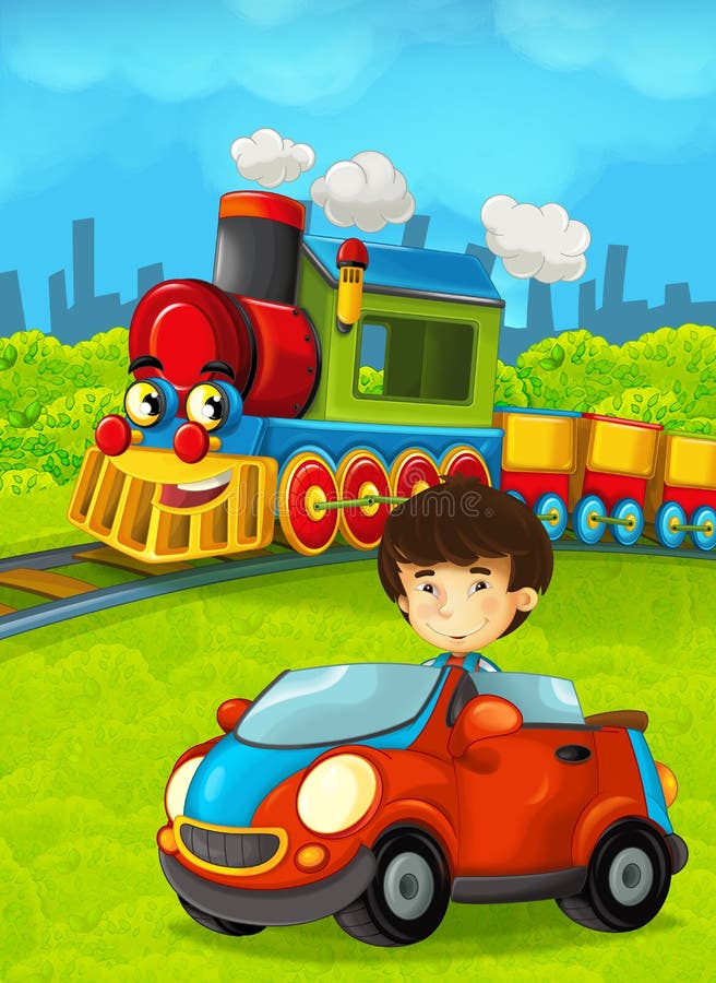 Cartoon Train Scene with Happy Kid Boy in Car Stock Illustration -  Illustration of child, city: 113729191