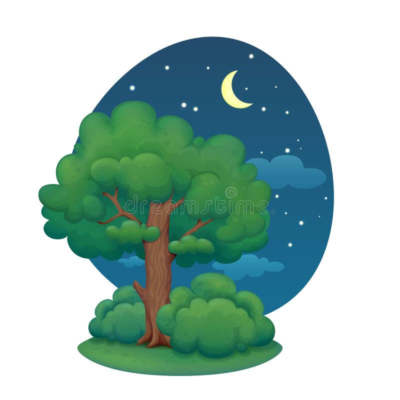 Cartoon tree with bushes. Summer night. royalty free illustration Cartoon tree with bushes. Summer night. royalty free illustration
