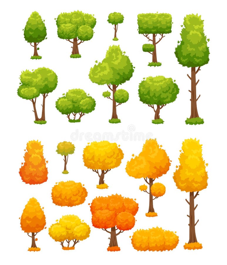 Cartoon Tree. Cute Wood Plants and Bushes. Green and Yellow Autumn