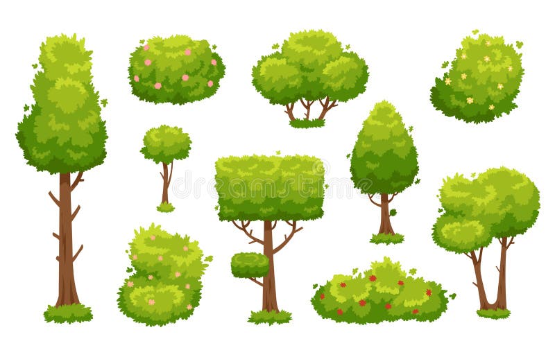 Cartoon trees and bushes. Green plants with flowers for vegetation landscape. Nature forest tree and hedge bush vector