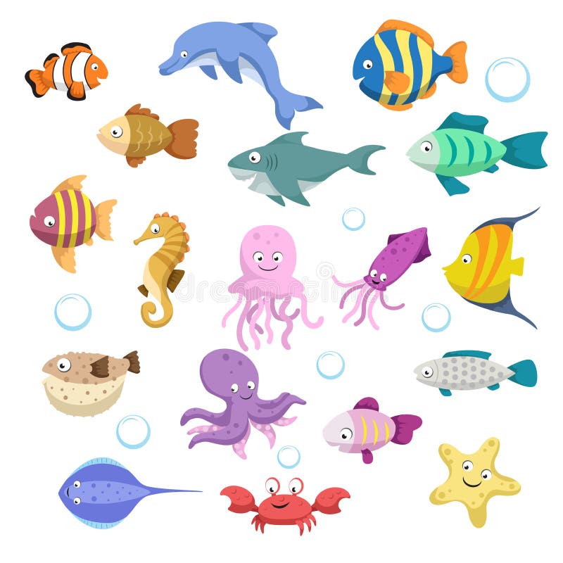 Cartoon trendy colorful reef animals big set. Fishes, mammal, crustaceans. Dolphin and shark, octopus, crab, starfish, jellyfish. stock illustration