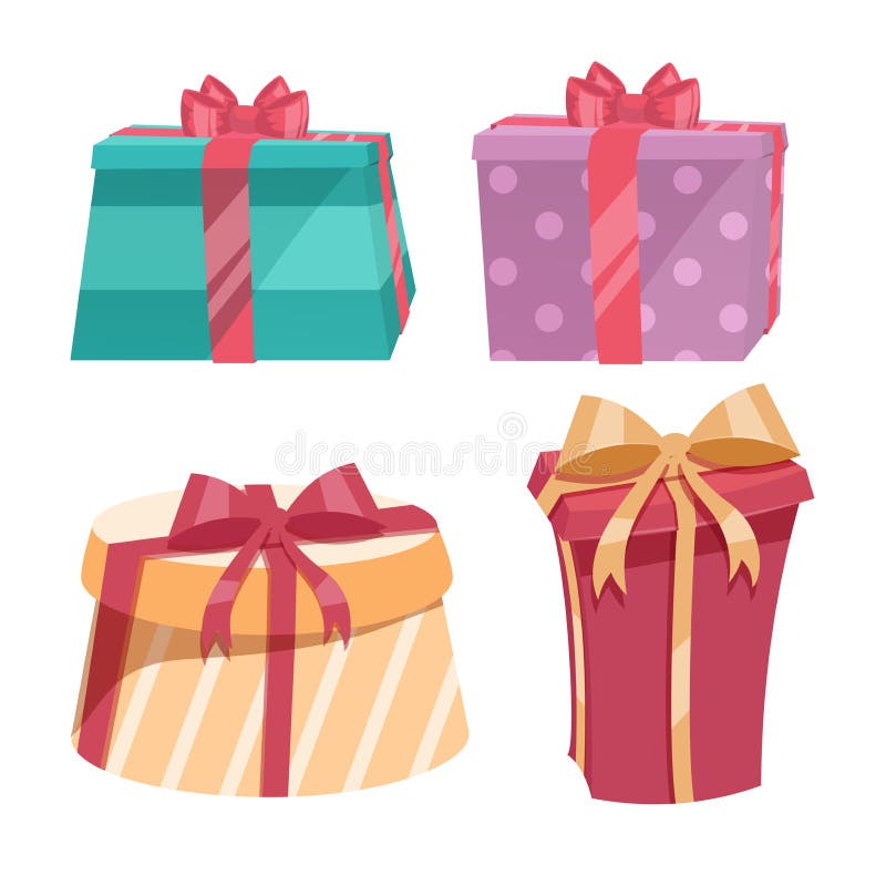 Cartoon trendy design vintage round gift box set with different colors ribbons and bows. Birthday and Christmas vector icon.