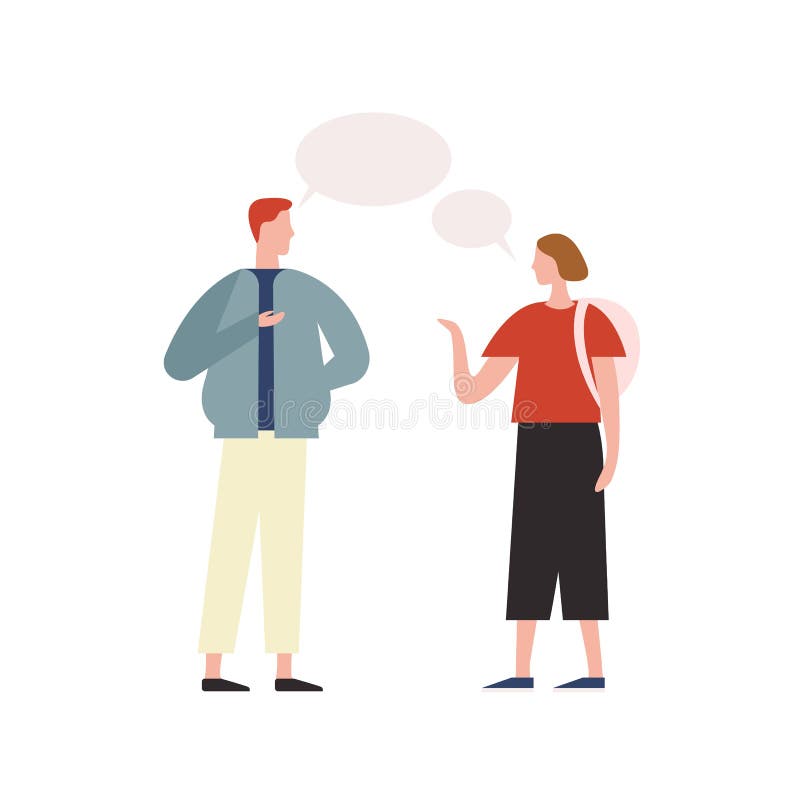 Cartoon trendy male talking with hipster girl vector flat illustration. Two people communicating with speech bubble