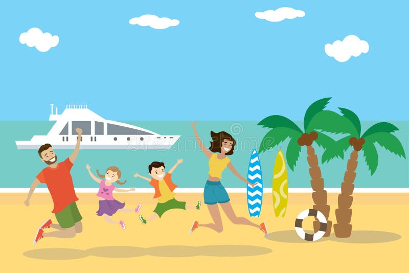 Cartoon tropical beach,Happy family jumping on the beach stock illustration Cartoon tropical beach,Happy family jumping on the beach stock illustration