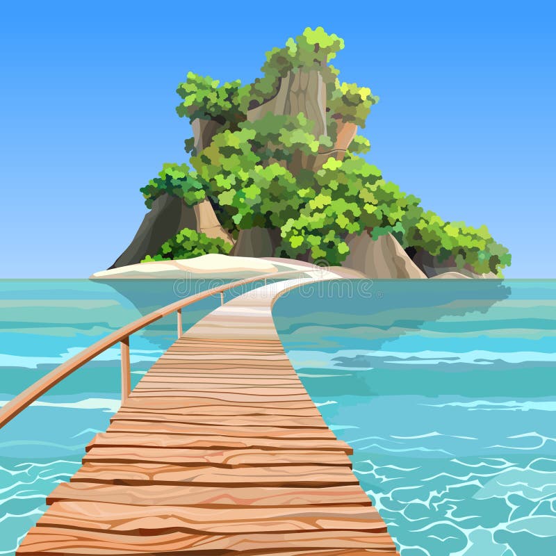Cartoon tropical island with a pier in turquoise sea vector illustration Cartoon tropical island with a pier in turquoise sea vector illustration