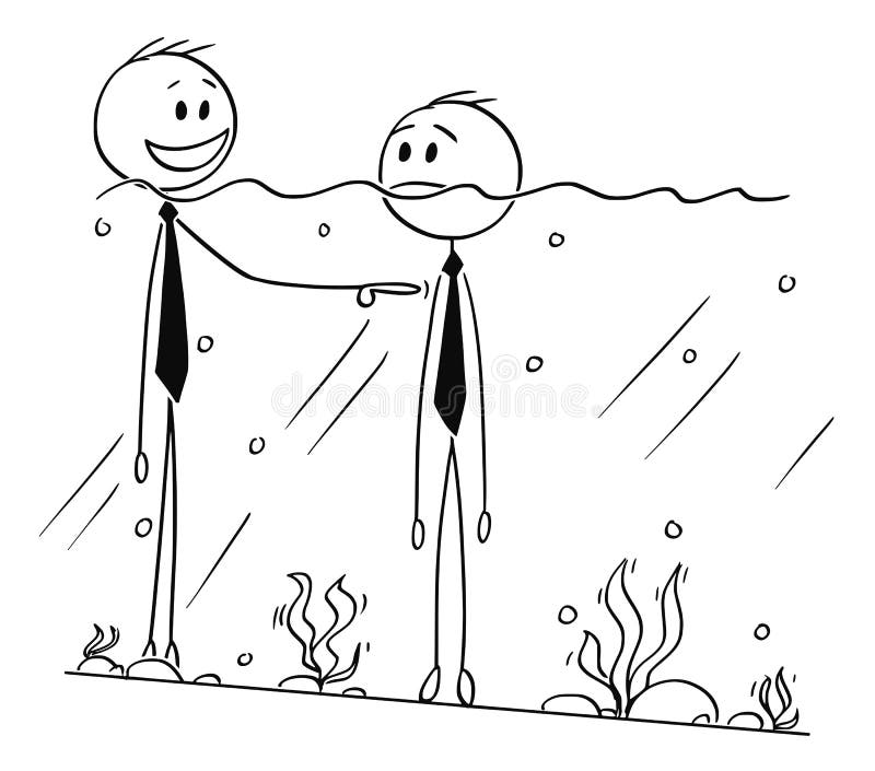 Cartoon of Two Businessmen Standing in Water, Both Near Drowning, One is Object of Ridicule of the Other One