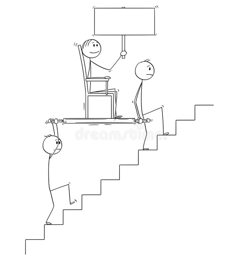 Cartoon of Two Men or Businessmen Carrying Boss or Manager Holding Empty Sign Upstairs in Litter or Sedan Chair vector illustration Cartoon of Two Men or Businessmen Carrying Boss or Manager Holding Empty Sign Upstairs in Litter or Sedan Chair vector illustration