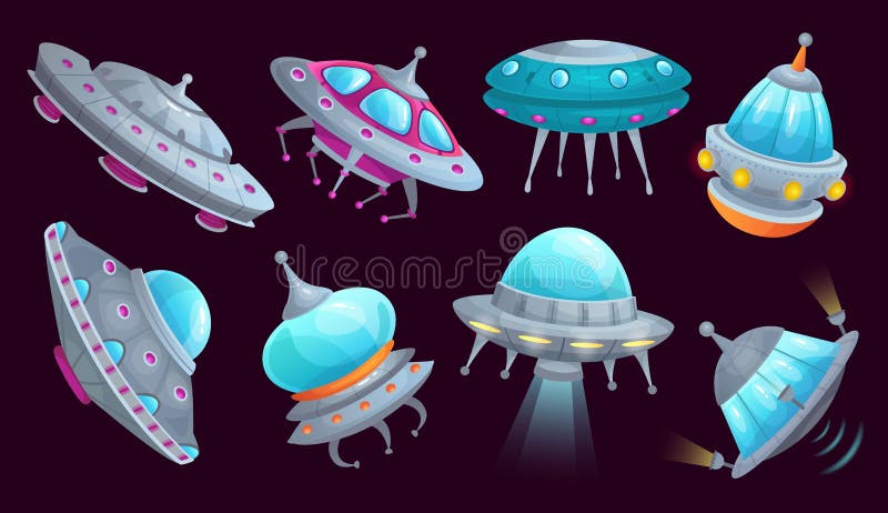 Cartoon ufo spaceship. Alien spacecraft futuristic vehicle, space invaders ship and flying saucer isolated vector set stock illustration