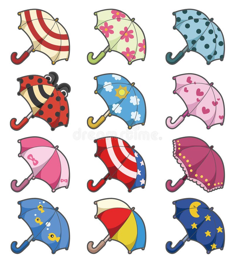 Cartoon Umbrellas icon set stock vector. Illustration of accessory