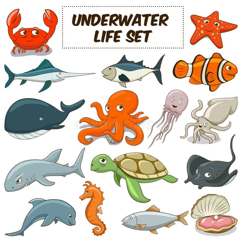 Cartoon Underwater Animals Set Vector Stock Vector - Illustration of