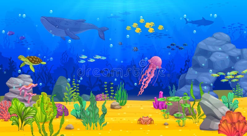 Cartoon Underwater Landscape, Whale, Fish, Seaweed Stock Vector ...