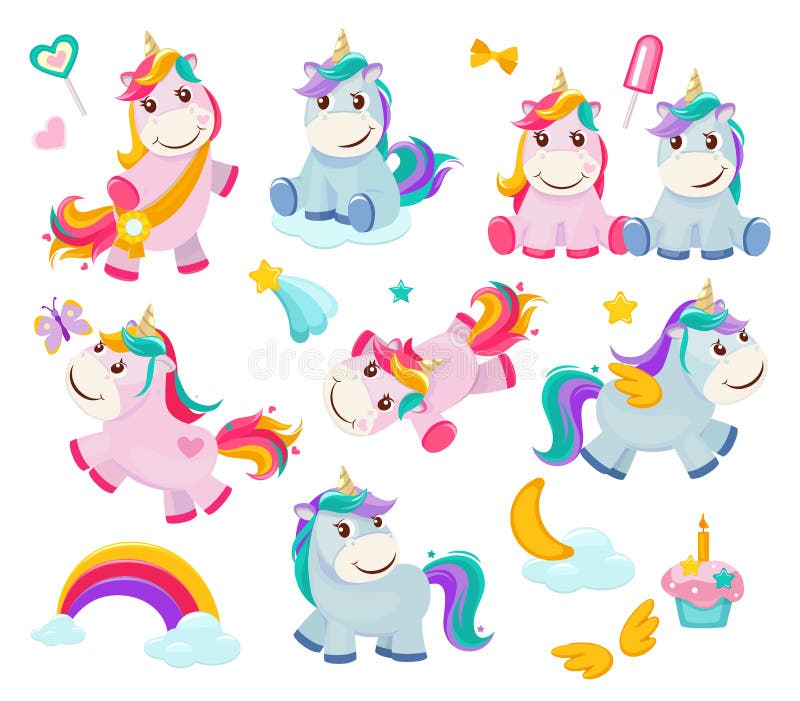 Cartoon Unicorn Cute Funny Fairytale Characters Magic Pony Happy