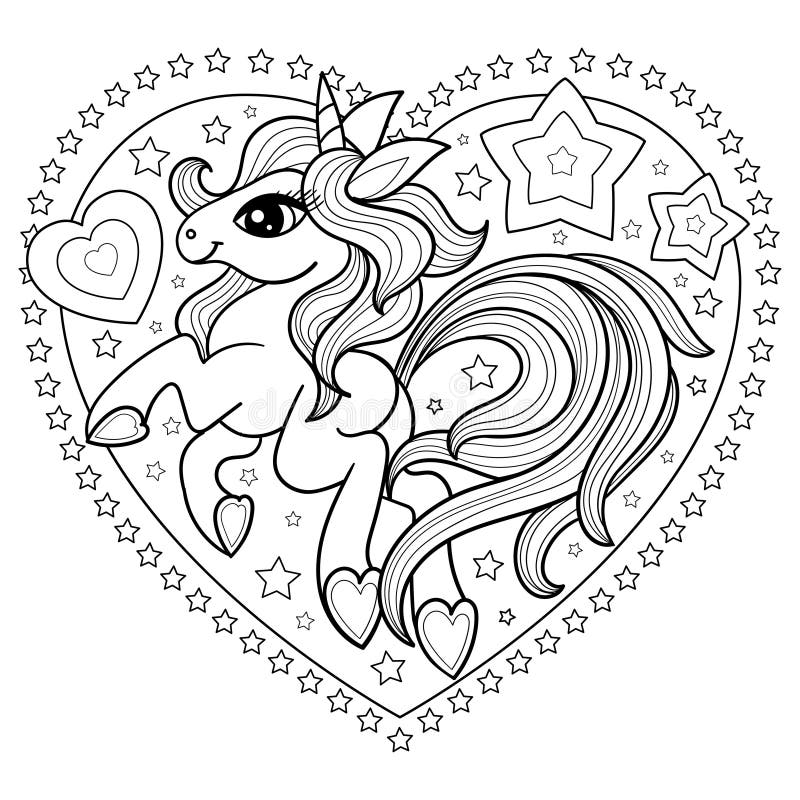 Cartoon Unicorn and Heart. Black and White Linear Image. Vector Stock ...