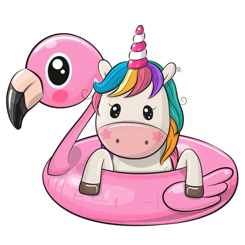 Cartoon Unicorn swimming on pool ring inflatable flamingo stock illustration