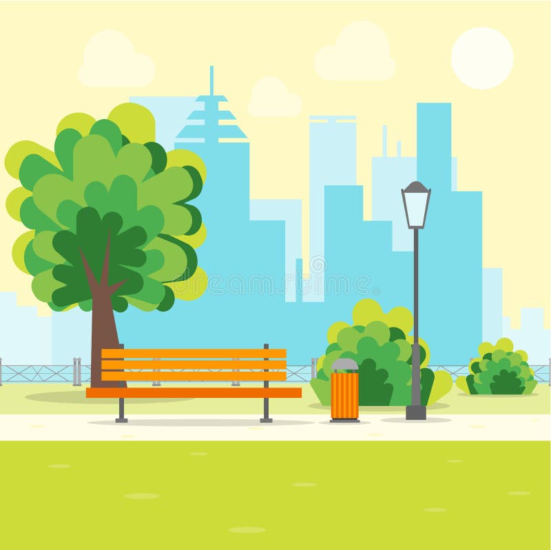 Cartoon Urban Park with Bench. Vector Stock Vector - Illustration of ...