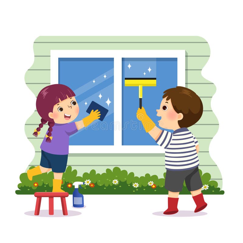 Cartoon van broers en zussen die thuis helpen het raam schoon te maken Kinderen die huishoudelijke taken uitvoeren