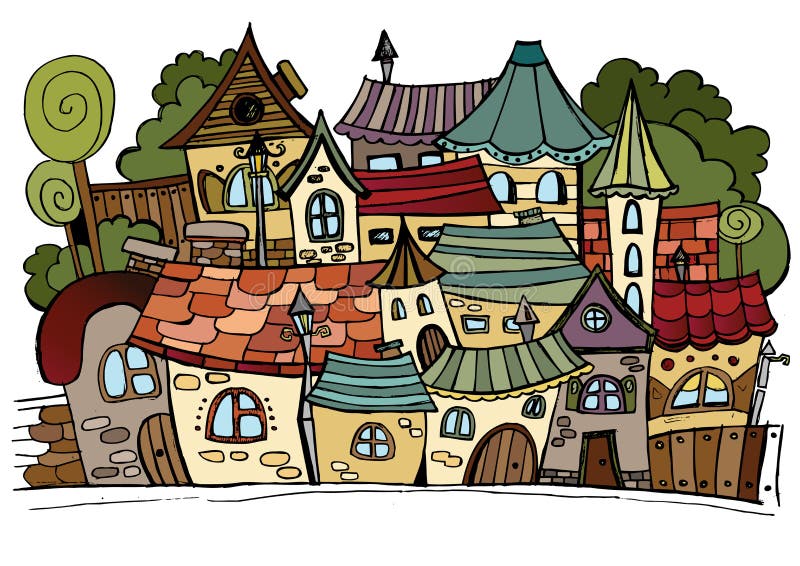 Illustration of fantasy vector fairy-tale drawing town. Illustration of fantasy vector fairy-tale drawing town