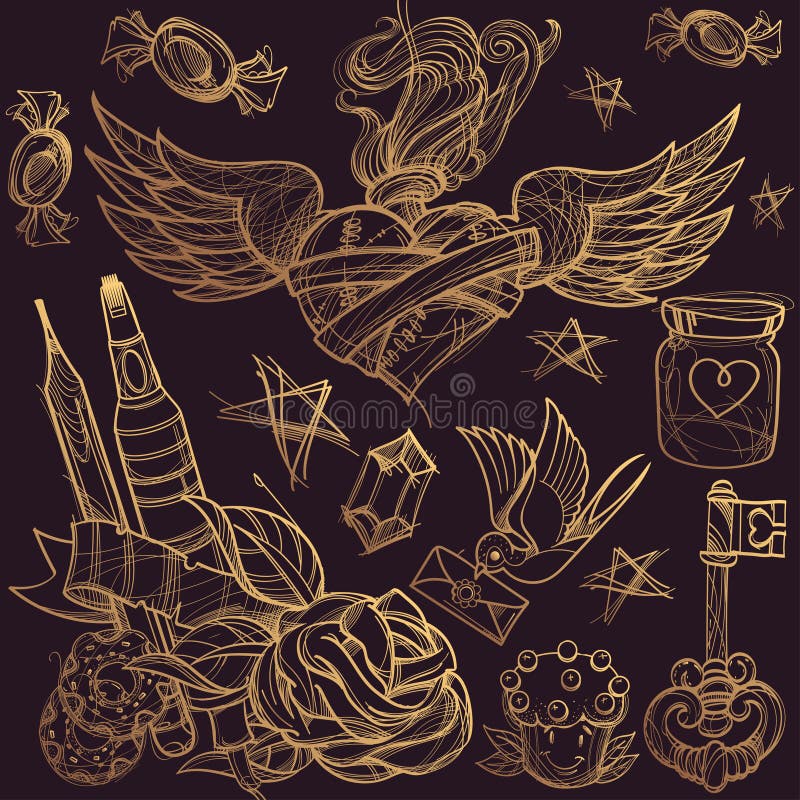 Cartoon vector hand drawn. Colorless detailed design background with objects and symbols. All objects are separated.