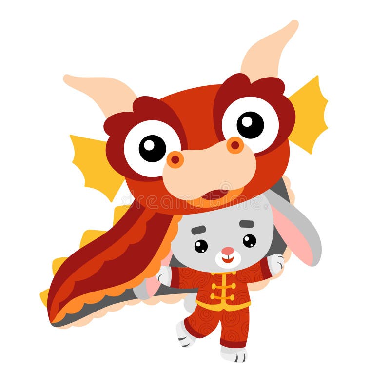Cartoon vector illustration, Chinese new year character rabbit in dragon costume vector illustration