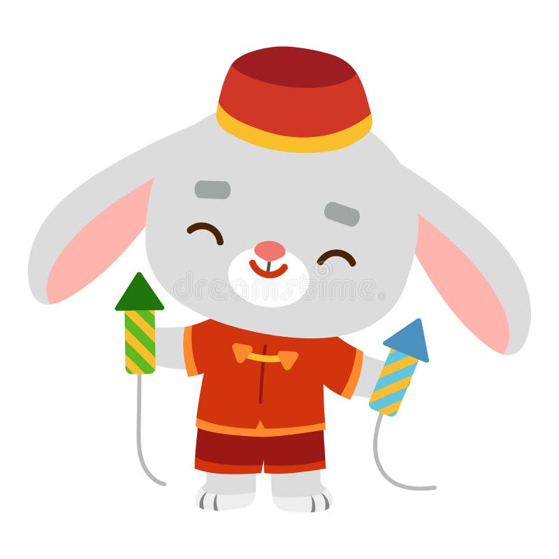 Cartoon vector illustration, Chinese new year character rabbit and fireworks royalty free illustration
