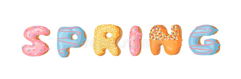 Cartoon vector illustration donut and word SPRING. Hand drawn drawing sweet bun. Actual Creative art work bake royalty free illustration Cartoon vector illustration donut and word SPRING. Hand drawn drawing sweet bun. Actual Creative art work bake royalty free illustration