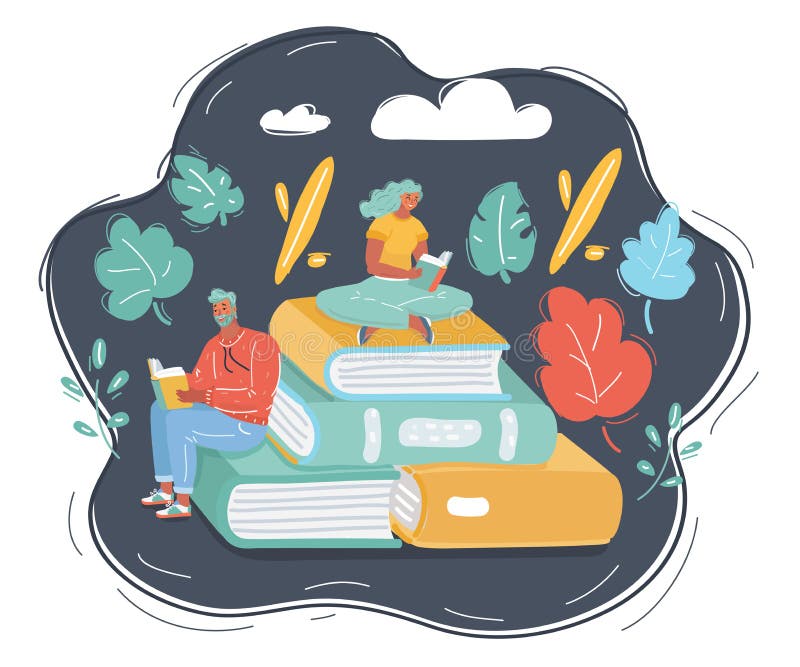 Young Stylish Male And Female Readers Sitting On Stack Of Giant Books